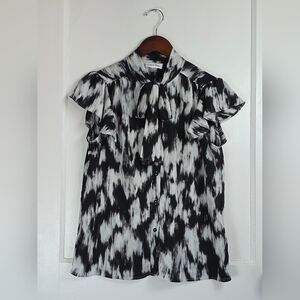 Calvin Klein Black and White Abstract Watercolor Print Bow Tie Blouse Size Small